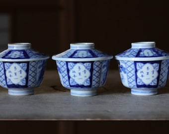 Kutani- Antique Japanese Imari Bowls with Lids, 1920s Indigo Porcelain, Set of 5