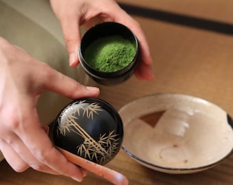 Japanese antique &quot;matcha&quot; green tea caddy with gold makie bamboo, &quot;棗 natsume&quot;, for tea ceremony, wooden lacquer, H2.6x2.6in