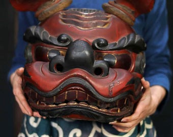 獅子頭 日本製 古漆塗り 金箔 目と歯付き 獅子舞頭 面 神楽 獅子頭