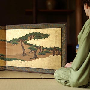 Antique Japanese Byobu Screen, Gold Clouds, Pine Tree Painting, Edo Period, Wall decor