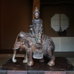 Large! Japanese 1800s Antique Bronze samantabhadra Buddhist statue Censer incense burner from temple Elephant and Kannon 1900s H15.7in/40cm