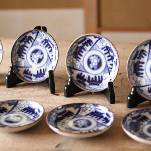 Set of 7 plates Japanese vintage 1920s fine porcelain ceramic small dish Blue White pattern printing INBAN with Jar design 4.4in/11.3cm