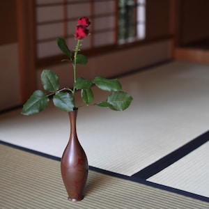 Bronze- Vintage Vase: Japanese Tsurukubi Gourd, Marbled Collar Ikebana Tea Ceremony H10.8in/H27.5cm