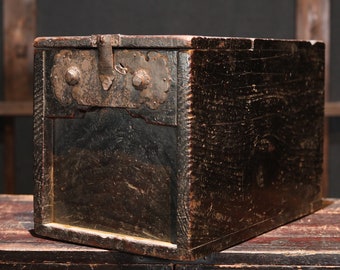 Tansu Chest- Antique Japanese Zenibako Box furniture, Cedar & Metal, Temple Charity Box EDO 1700s
