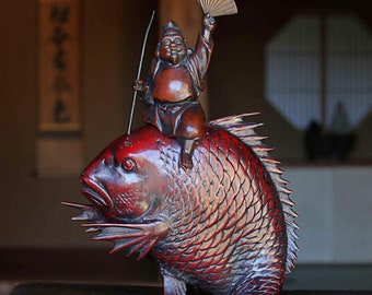 希少なアンティークの囲炉裏自在鉤 - 手彫りの木製囲炉裏鉤、魚の