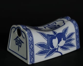 Japanese vintage 1920s IMARI porcelain outdoor pillow INBAN old printed blue&white peach and flower Kanji H3.9×W8.1in/H10×20.5cm