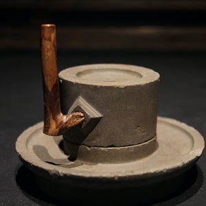 Japanese old stone mill for green tea powder, basalt quern-stones with wood handle, Matcha tea ceremony, H7.9 x W15in