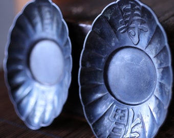 Japanese Antique bronze saucers set of five 1930s CHATAKU with Kanji calligraphy Happiness Tea ceremony coasters metal craft 4.7in/12cm