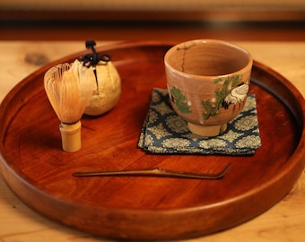 Japanese vintage furniture wooden round tray, Hollowed out from a single tree, OBON, Circular shape wood grain For Tea ceremony 13in/33cm