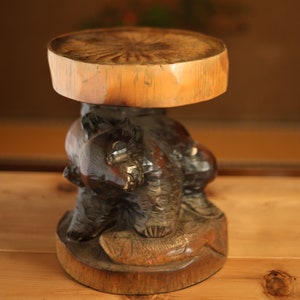 Large! Japanese vintage wooden little bear sculpture, hand carving sculpture ,hand carved craft bear pedestal 1960s H12.2×W8.7xD9.8in