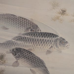 Dipinto su rotolo - Carpe giapponesi antiche dipinte ad acquerello, KOI, KAKEJIKU con firma H67,7 x 24 pollici / 172 x 61 cm