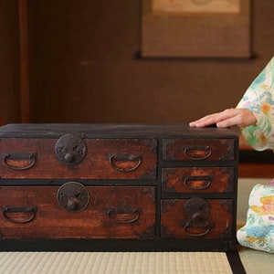 FINE! Japanese antique furniture 1800s black wooden low Chest of Drawers &quot;TANSU&quot; cool metal clasp Edo craft H10.6in×W22.4in×27in×57cm