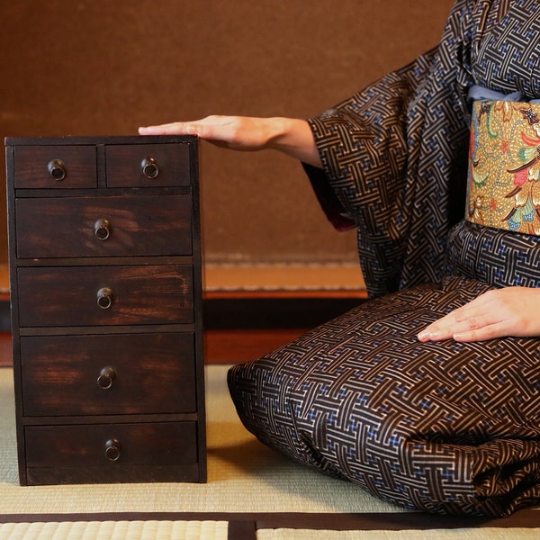 Japanese antique furniture wooden box Chest of Drawers "TANSU" cabinet 6 drawers 1800s Edo wood craft H15.4×W8.3×D12.2in/H39×W21×D31cm