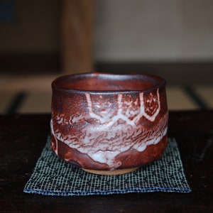 Fine green tea bowl Japanese antique CHAWAN &quot;SHINO&quot; ware handmade Matcha Tea Cup Tea Ceremony ceramic with Wood box signature W4.5in/11.5cm