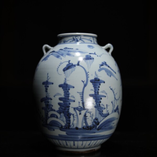 Japanse Aziatische antieke porseleinen vaas 安南annan ware KOIMARI SOMETSUKE blauw & wit design ornament IKEBANA 19e eeuw H10.6in