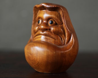 Vintage Traditional Wooden Daruma Carving Handcrafted Japanese Art