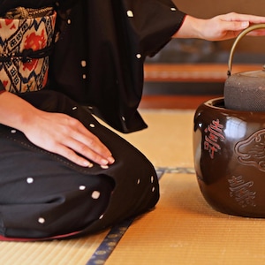 Japanese Antique wooden Hibachi brazier charcoal Fire Holder and kettle stand set with carving Kanji 寿 congratulations dark brown D11.4in