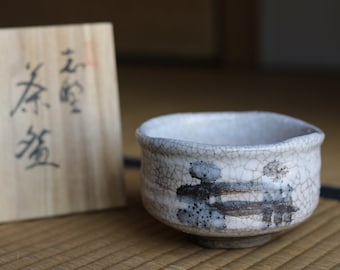 Fine green tea bowl Japanese antique CHAWAN "SHINO"ware Bridge design handmade Matcha Cup Tea Ceremony pottery with box signatureH3.1×4.9in