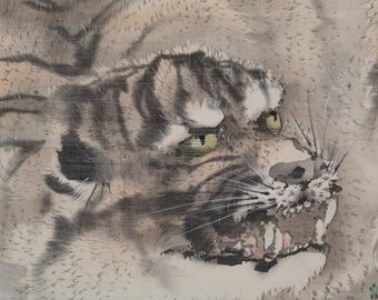 アンティークの日本の龍虎水墨画掛軸、有名な作家の署名入り、江戸時代