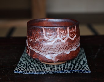 Fine green tea bowl Japanese antique CHAWAN &quot;SHINO&quot; ware handmade Matcha Tea Cup Tea Ceremony ceramic with Wood box signature W4.5in/11.5cm