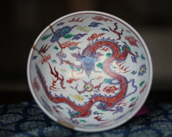 Japanese vintage ceramic bowl with  colorful dragon painting, Kintsugi, gilding fix, with a signature wood box, H2.8 x W6.3in