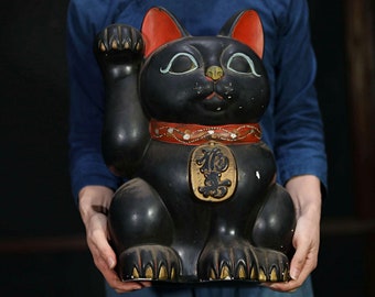 BIG! Japanese antique 1880s Cat doll MANEKINAKO black cat old ceramic money box,Welcome cat, Fortune cat, Lucky cat 1970s H16.1in/H41cm