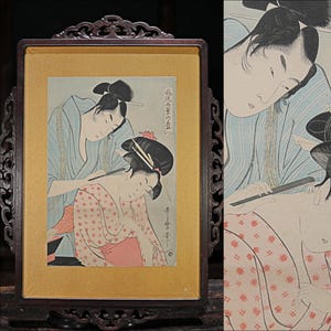 Japanese antique art of Ukiyoe with signature 歌麿Utamaro, Kimono geisha block printing with wooden flame, wall deco picture H24.8in/H63cm