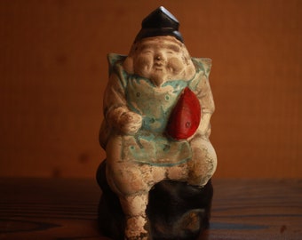 Japanese Antique 1800s God "EBISU" pottery doll Japanese character made in the "EDO" period good luck ornament H6.1in(H15.5cm)