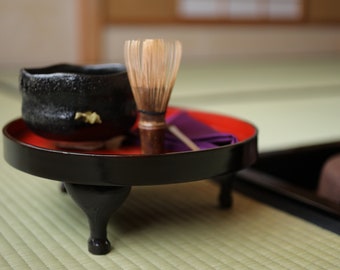 Japanese furniture URUSHI lacquer tray OBON, round shaped row table, red and black, wooden tableware Tea ceremony 3.9×10.8in/10×27.5cm