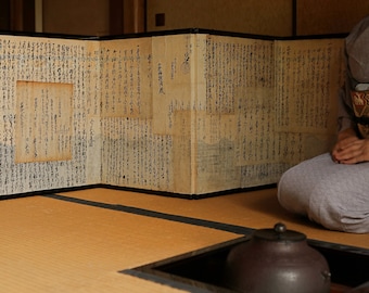 Japanese old low foldable screen "byobu" covered with kanji calligraphy papers collages, Japanese classic paper partition, H21.5×W67.9in