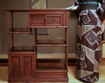 FINE! Japanese vintage furniture Chadansu TANSU Kazaritdana, KARAKI hard wood craft, Tea tansu, beautiful chatansu H37.6×33.5in/H95.5×85cm