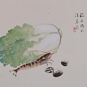 Malowidło w formie zwoju – antyczne japońskie krewetki, wiszący zwój warzywny Kakejiku, sygnowany (121 cm)