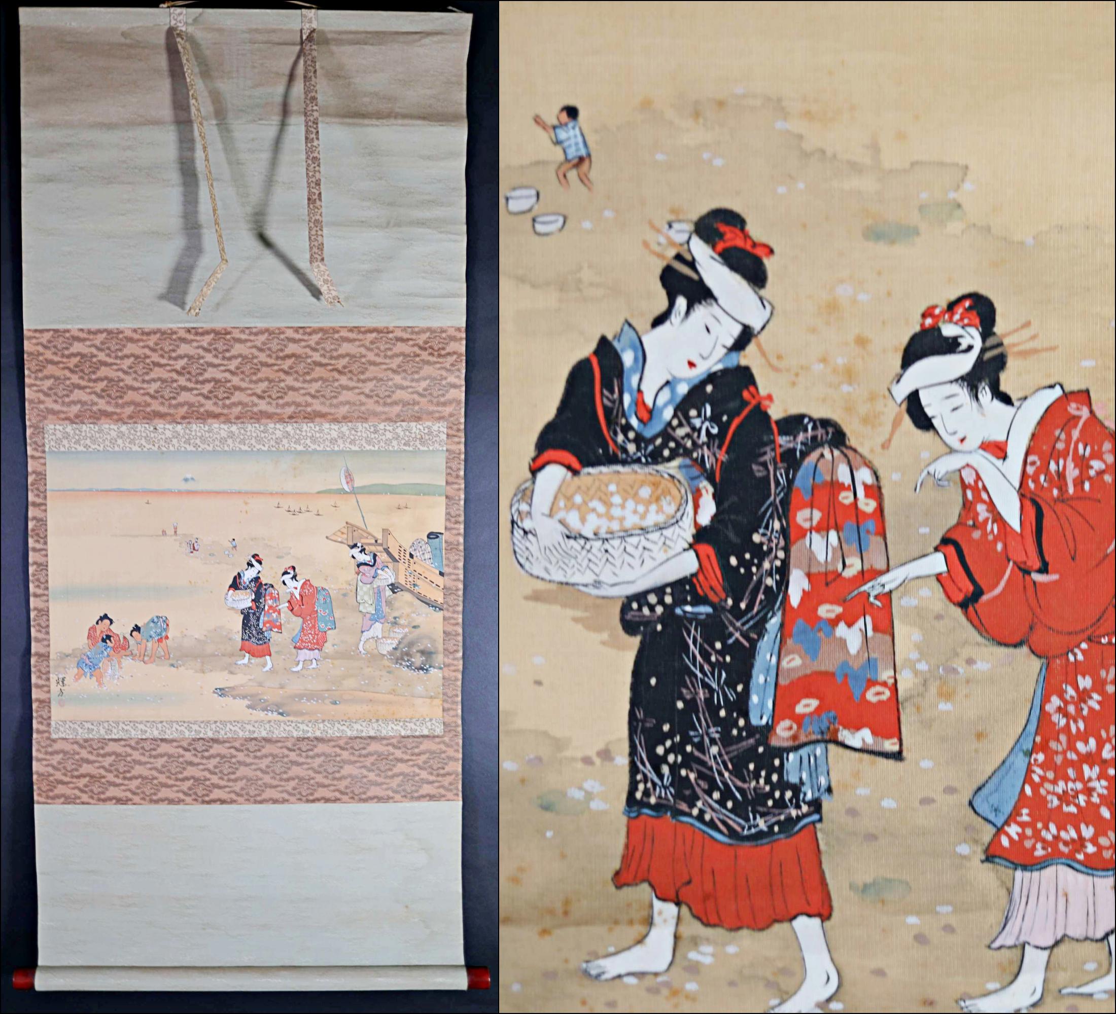 掛け軸 - 日本のアンティーク、母と子、明治時代の掛軸 - Etsy 日本