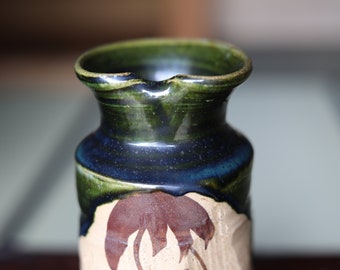 織部焼 - ヴィンテージ花瓶：日本の陶器製生け花、ハンドメイド、緑釉