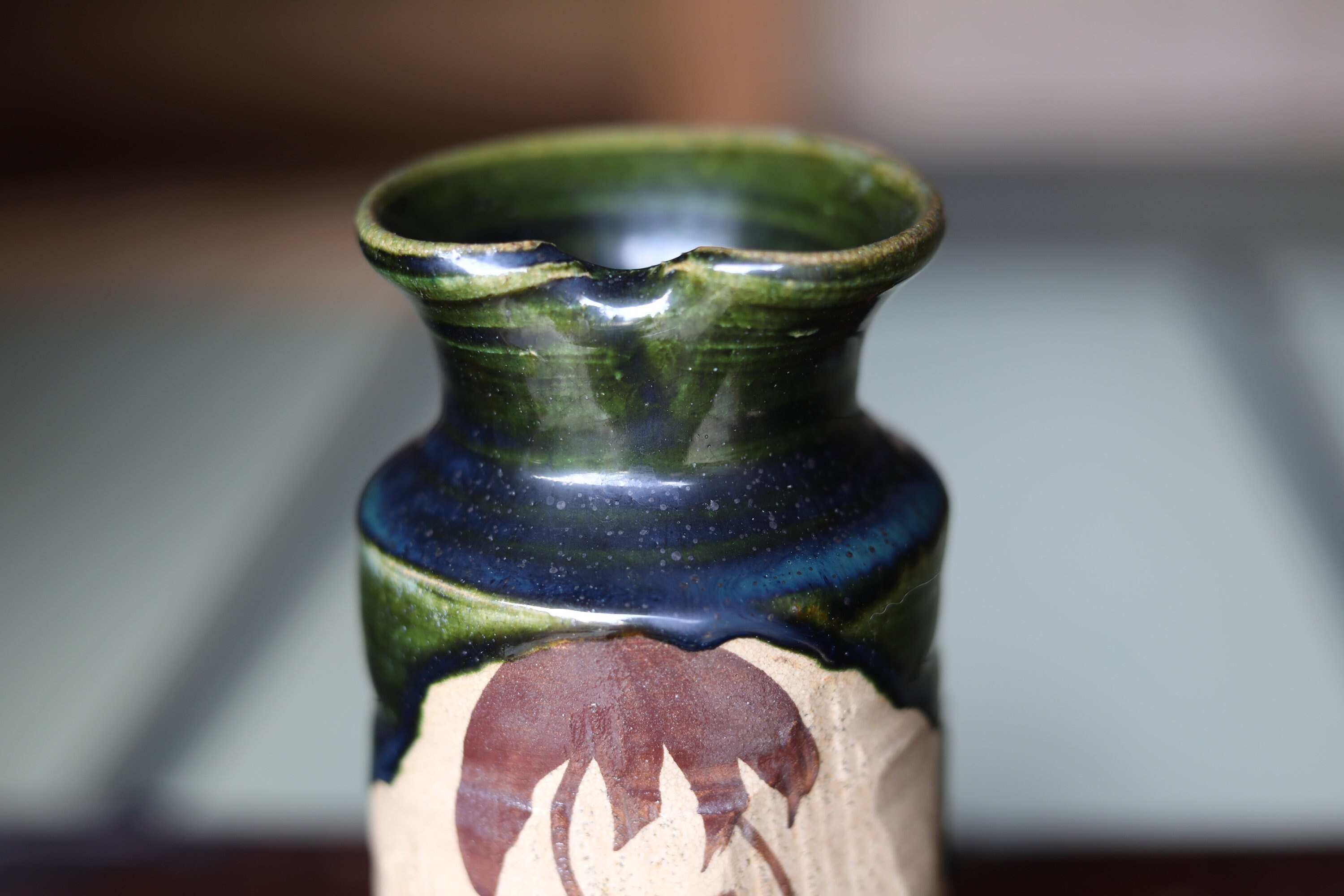 織部焼 - ヴィンテージ花瓶：日本の陶器製生け花、ハンドメイド、緑釉