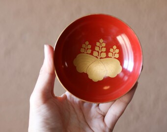 Lacquer Urushi- Vintage Japanese Red Sake Cup, Samurai Crest, Wood