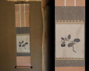 巻物絵画 - 日本のナス墨絵掛け軸、仏教僧侶のサイン、茶室の装飾