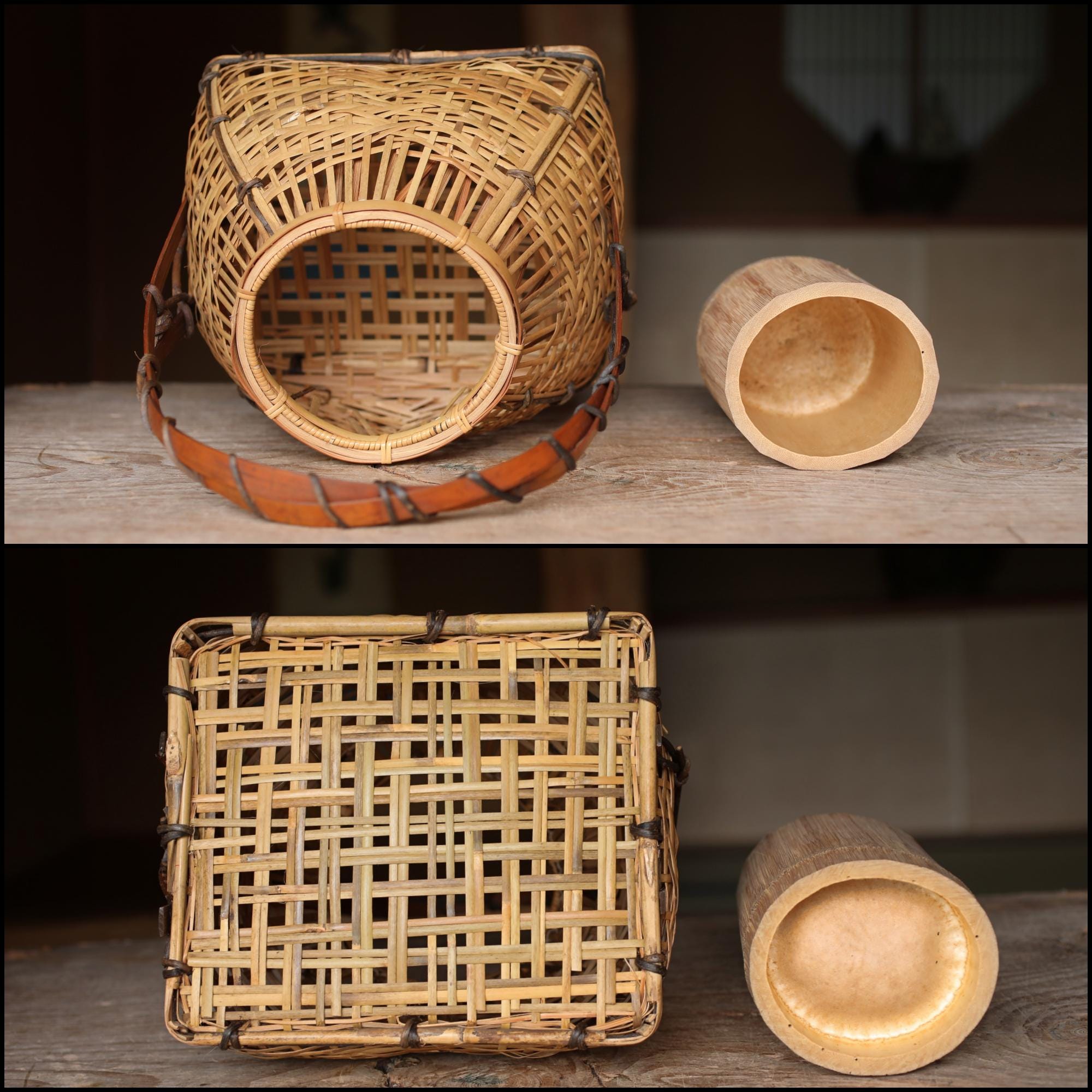 日本製竹編み籠、ヴィンテージ生け花花籠、手工芸品（高さ13×10インチ