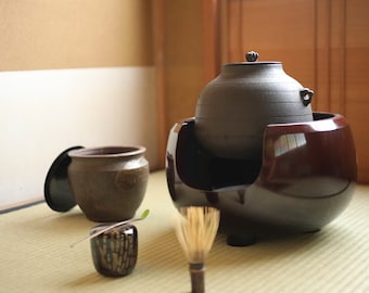 CHAGAMA and FURO Japanese antique bronze brazier and cast iron kettle, For Tea ceremony, Doan furo and Amida gama in 1970s