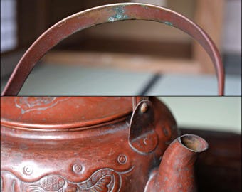 アンティークの日本製銅製やかん、手作りの茶道用ポット、1930年代（高
