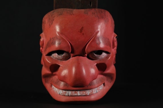 Japanese Antique Noh Mask Red Demon 武悪BUAKU Wood Carving