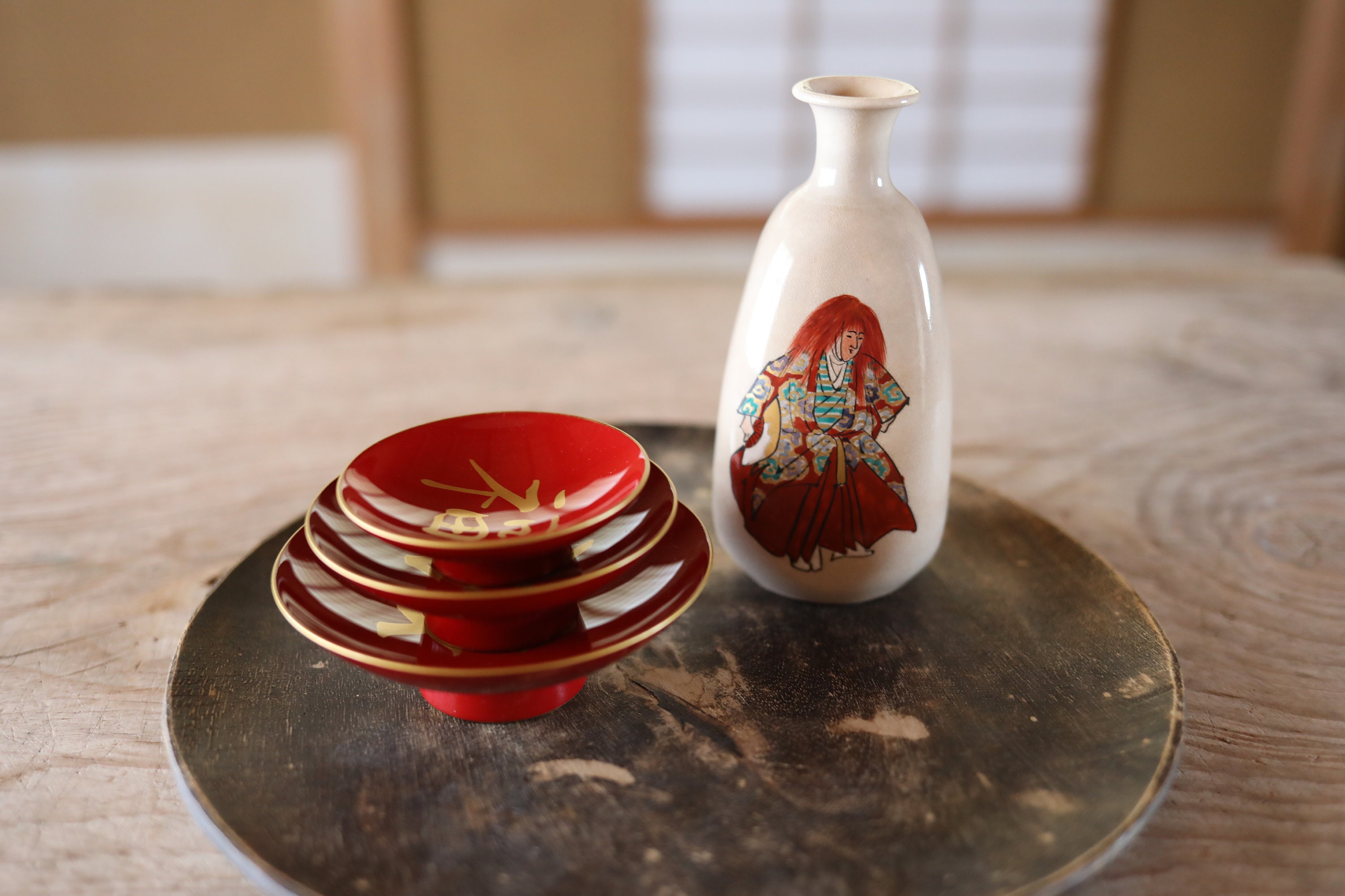 Lacquer Urushi- Vintage Japanese Makie Sake Cup Set, Gold Kanji