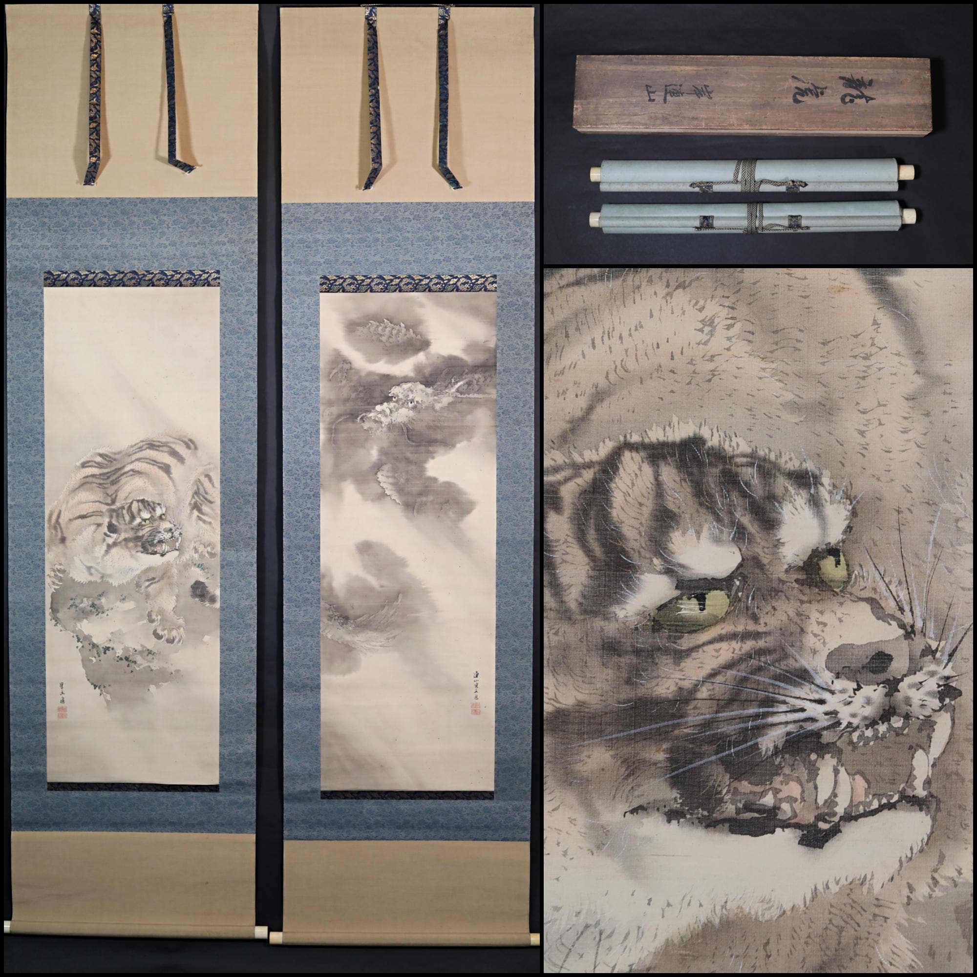 アンティークの日本の龍虎水墨画掛軸、有名な作家の署名入り、江戸時代