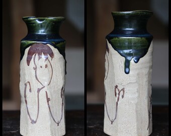 織部焼 - ヴィンテージ花瓶：日本の陶器製生け花、ハンドメイド、緑釉