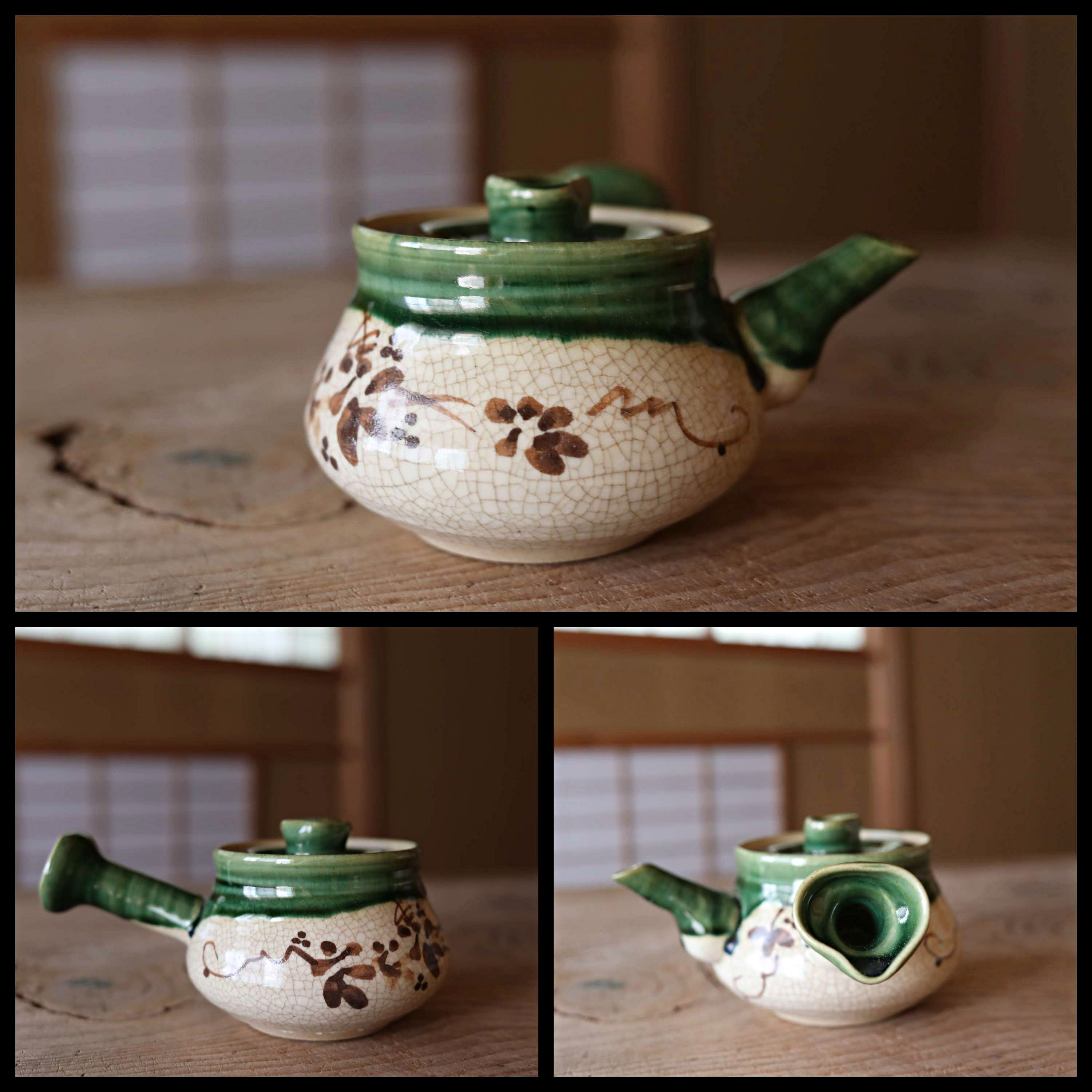 Japanese Vintage Oribe Ware Ceramic Tea Set, Pot, 5cups and