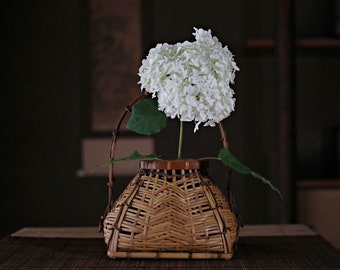 Japanese antique bamboo woven basket with Kanji signature, hand craft For IKEBANA Tea ceremony, Hana-kago 1950s H12.8×9.8in/H32.5×25cm