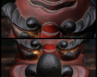 獅子神道 - アンティークな日本の仮面、木製漆塗りの獅子頭、祭りの