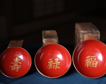 Japanese Antique urushi Red lacquer wooden nesting three bowls with Kanji 寿(congratulations) Gold, wood craft 1920s "SAKAZUKI" 5.3in/13.5cm