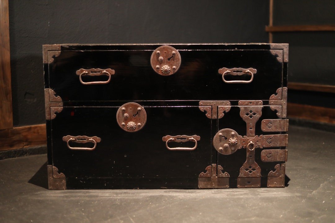 Finejapanese Antique Furniture Large Black Wooden Box Chest Etsy