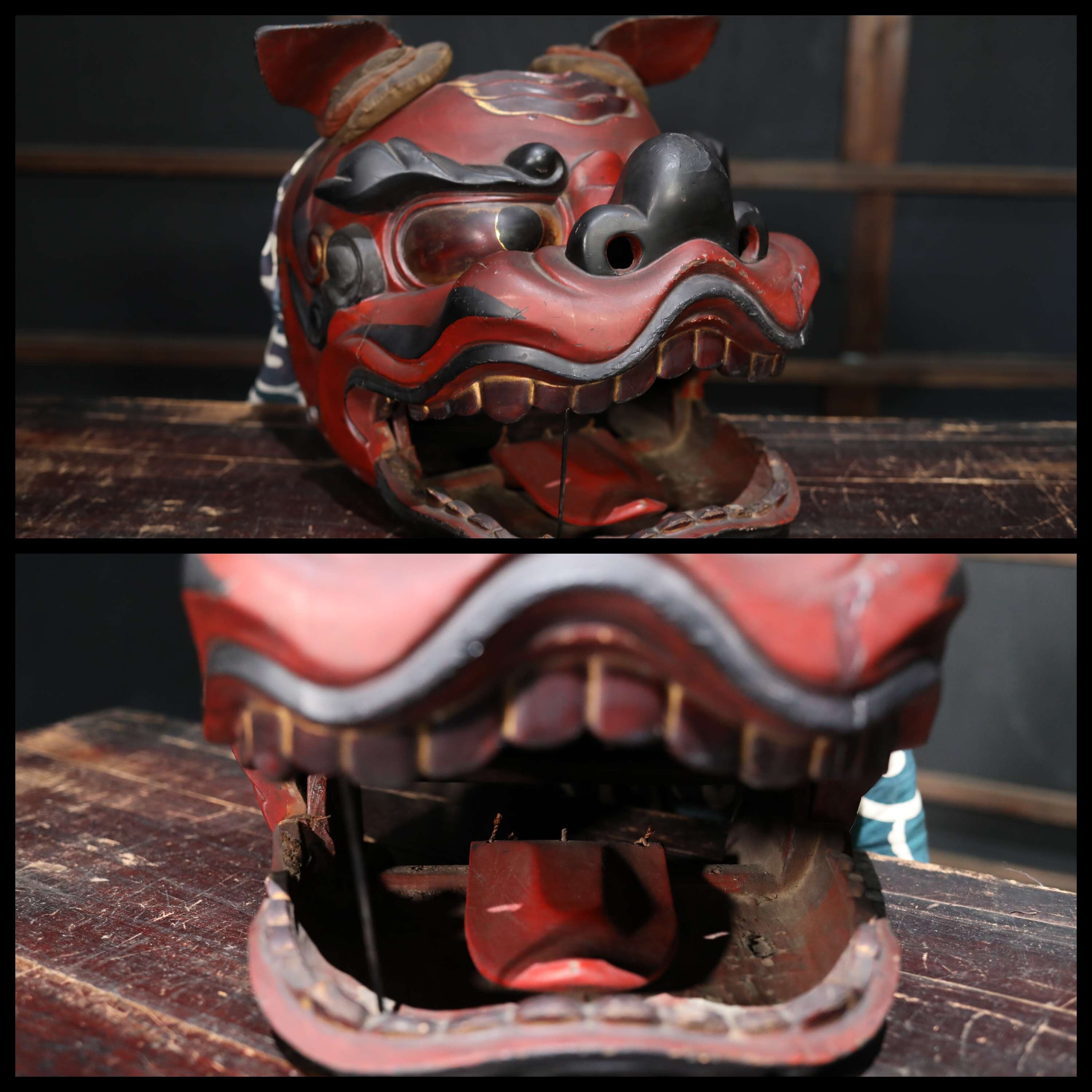 Japanese Antique 1800s Shishi BIG Wood Mask With Large Cloth